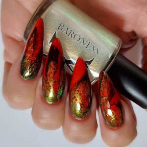 Charmed - Fluid Art Polish - Peachy Golden/Green/Blue Iridescent